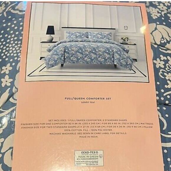 NEW Kate Spade Full/Queen Comforter and 2 Shams Set Fun Floral Blue White Cotton - Picture 4 of 4